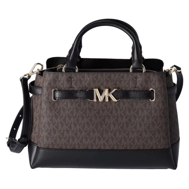 Michael Kors Reed Small Center Zip Logo Belted Satchel Brown MK Signature Black