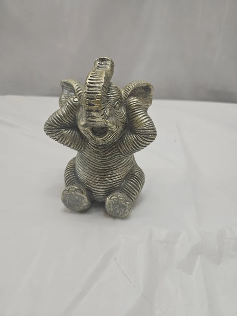 Elephant Resin Stripes Metallic Home Decor Figurine 6" Trunk Up