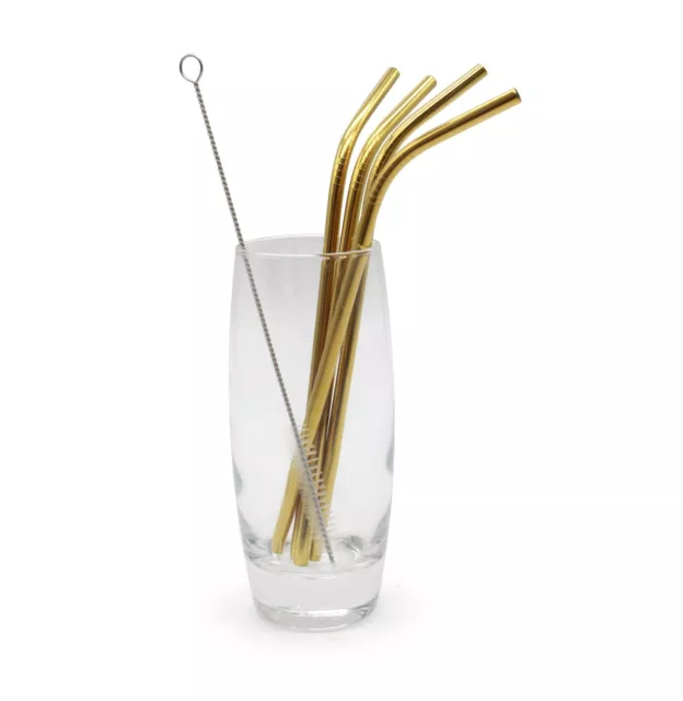 Drinks Straws Gold Stainless Steel Reusable Brush Set Milkshake Party Club