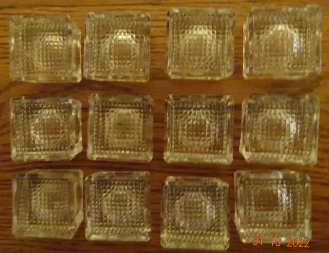 12 square clear solid glass open salt dishes, dips w/dimple bottoms