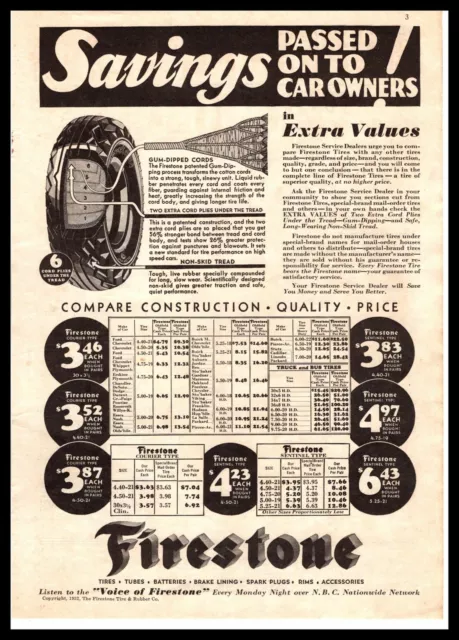 1932 Firestone Gum-Dripped Cords Non-Skid Tread Courier Sentinel Tires Print Ad