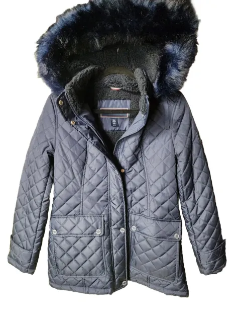 TOMMY HILFIGER WOMENS Quilted Hooded Faux Fur Trim Coat Puffer Jacket ...