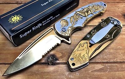 8" Knife Spring Assisted Pocket Open Folding Tactical Alum Handle WOLF Gold
