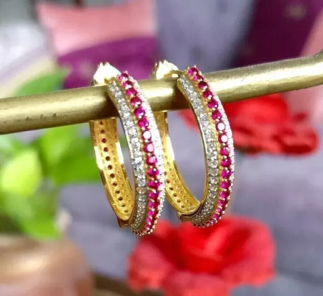 2 CT Round Cut Lab-Created Pink Sapphire Hoop Earrings In 14K Yellow Gold Plated