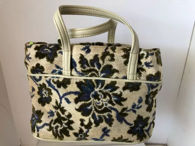 1960’s Italy Wool tapestry Needlepoint Blue Floral Handbag Purse travel Tote