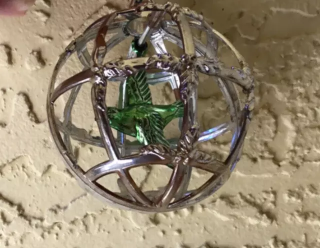 VTG 1950SHard Plastic  BRADFORD Silver Cage Ornament w/Green DOVE Inside 3.5"
