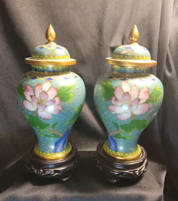 Cloisonne Pair Of 6 Inch Vase Blues And Greens Pink Flowers And White Bird.