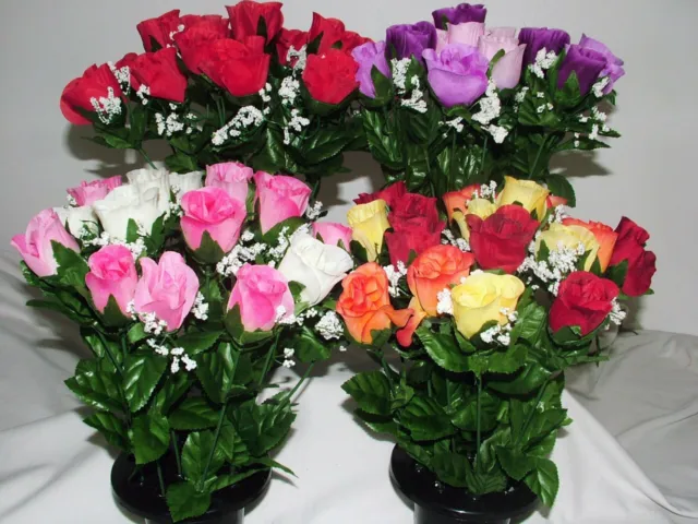 Artificial Roses in Grave Crem Pots - Memorial Flowers Vase Inset