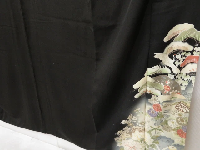 0907T04z530 Vintage Japanese Kimono Silk TOMESODE Black Flowers 3