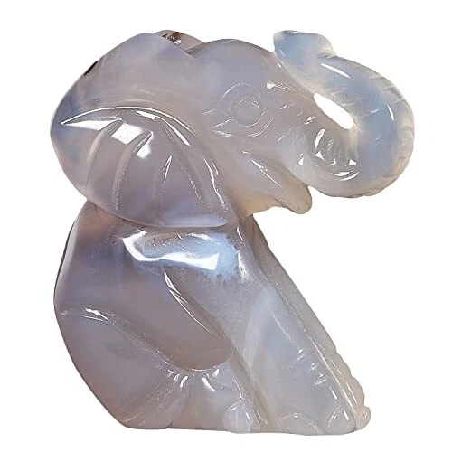 Yatming Hand Carved Agate Elephant Figurine with Trunk Up & Sitting, Natural