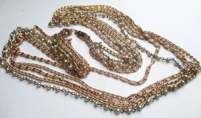 Collier Vintage 7 Rangs – Chaînes Dorées Et Perles Argentées, Bijou Rétro N°3367