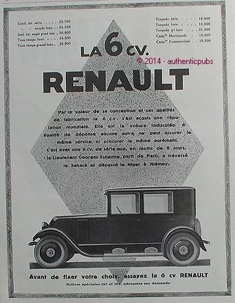 Publicite Automobile Renault 6 Cv Torpedo Conduite Interieure De 1927 French Ad