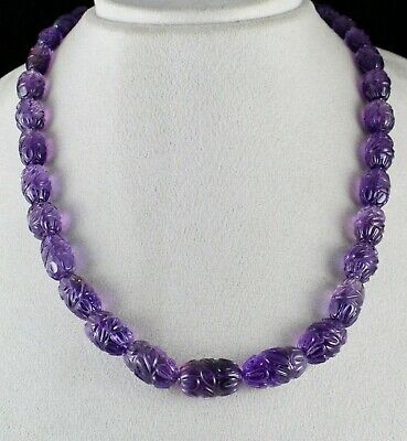Top Antique Natural Amethyst Beads Carved Long 488 Cts Gemstone Silver Necklace