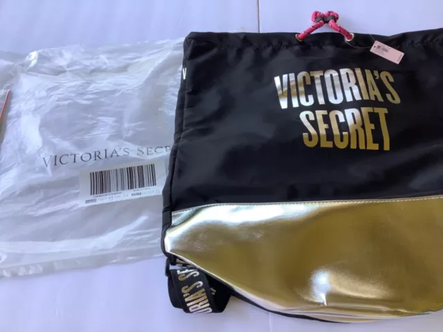 New Victorias Secret Backpack Bag Black Silver Logo Drawstring Gym Shop Pool