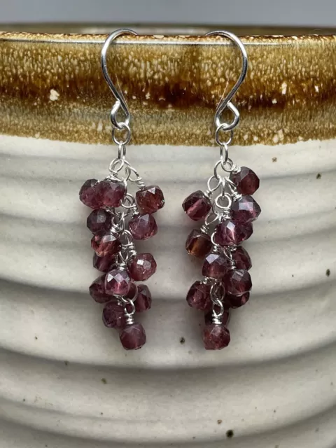 Sterling Silver Garnet Dangle Earrings, January Birthstone, Cluster Earrings