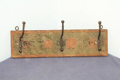 Antique Hand Carved Wooden Primitive Wall Hanger . 3 Iron Hooks .