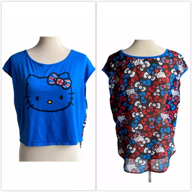 Sanrio Hello Kitty Womens Top Small UK Flag Bows Blue Red Crop Front Hi Low Cat