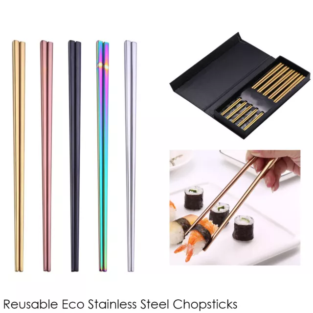 VDL Reusable Chopstick Stainless Steel Chopsticks Black/Gold/Rainbow/Rose/Silver