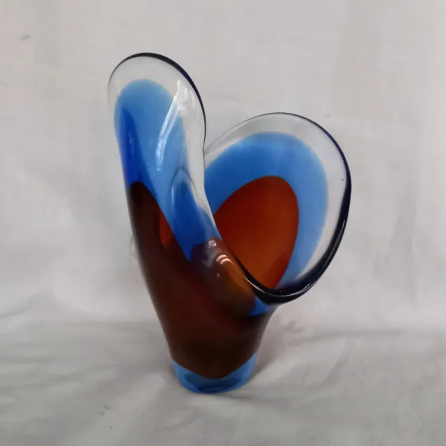 Vintage Mid Century Murano Sommerso Blue & Red Curved Glass Vase 8"