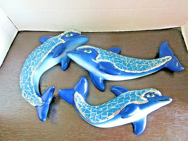 Three (3) Mosaic Dolphin Blue  Figurines fron 9" to 10" Long Beautiful