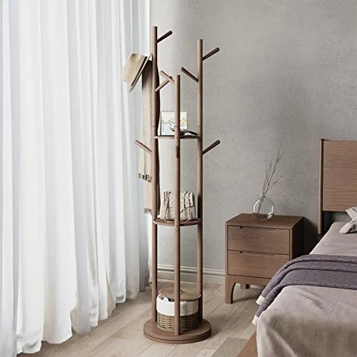KASLANDI Coat Rack Stand with 3 Shelves and 9 Hooks Rotary FreestandingFAS Gr...