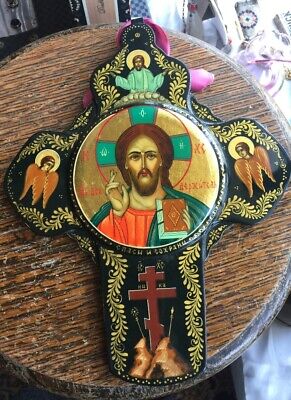 Vintage Russian Black Lacquer Wood Cross Hand Painted Icon Pantokrator Jesus