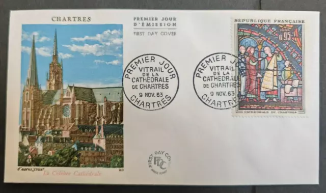 1963 FDC ENVELOPPE 1er jour, VITRAIL DE LA CATHEDRALE DE CHARTRES 1963 ,obl