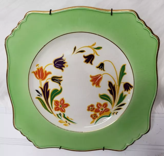 RARE Royal Winton Grimwades VTG Square Plate Floral Design Green Gold Border 9"