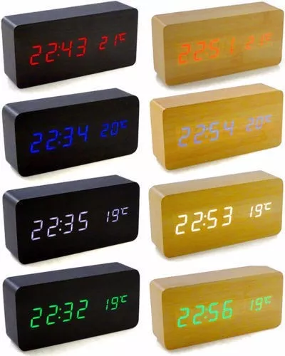 New Voice Control Calendar Thermometer Wooden LED Digital Alarm Clock USB/AAA