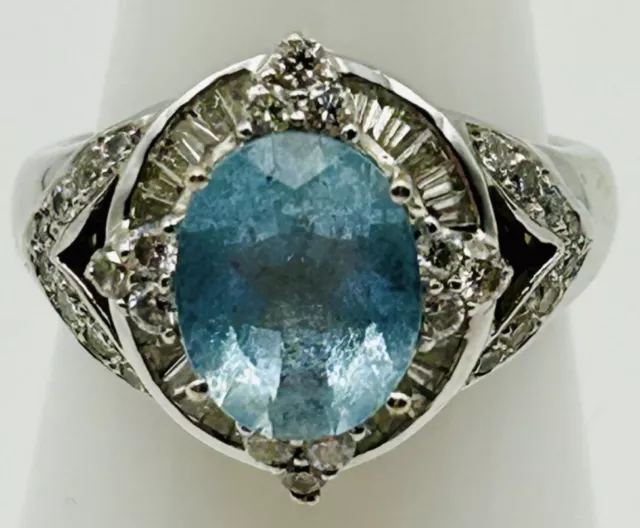 Estate 14K White Gold oval Aquamarine Diamond Cocktail Ring 7g Stunning! 3