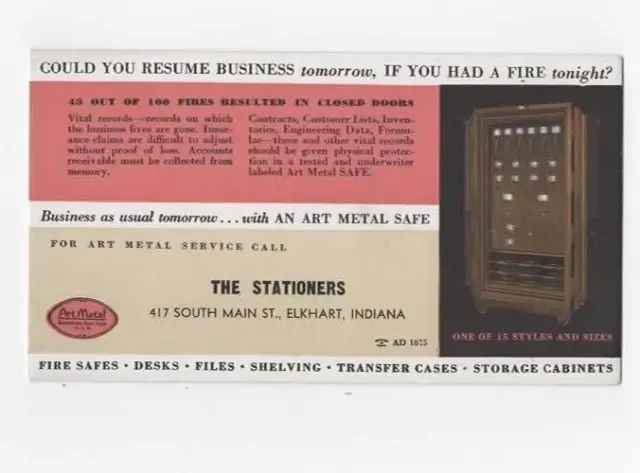 Elkhart Indiana  The Stationers  ink blotter c 1930  ad for safes