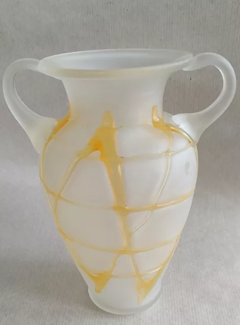 Frosted Glass Urn Vase With Orange Glass Trails
