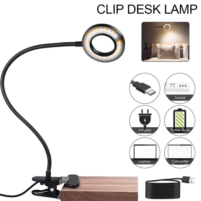 Clip On Desk Lamp Table Light** Bedside Night Reading Led Eye Care USB Dimmable