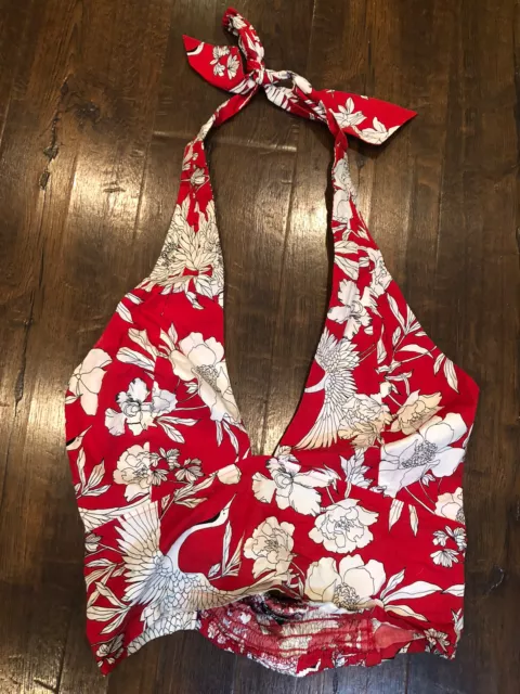 Express Sz M Halter Top Blouse Red Floral Tie Neck Elastic Back Cotton Blend EUC