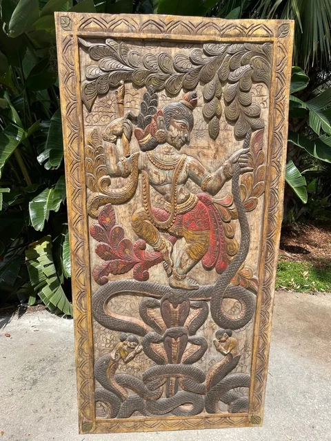 Dancing Krishna Barn Door, Krisna Kaliya India Art, Colorful Barndoor, Reclaimed