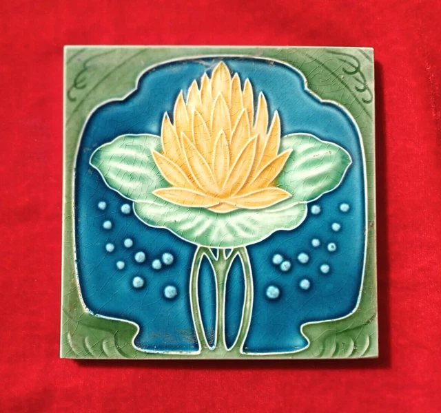 2 Piece Art Deco Flower Design Embossed Majolica Used Ceramic Tiles Japan 0313 3