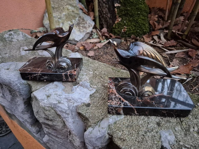 Serre-livres Art Déco oiseaux en marbre et métal bronze