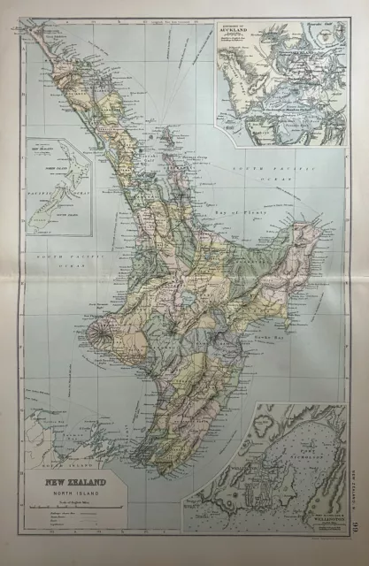 1893 North Island, New Zealand Original Antique Map by G.W. Bacon