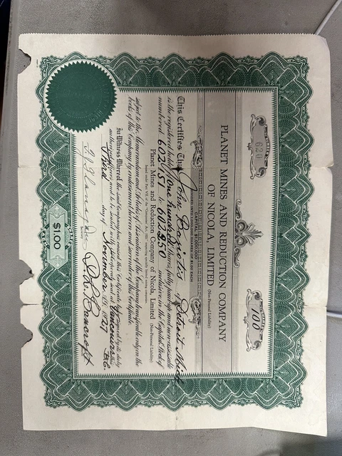 1927 Antic Certificate