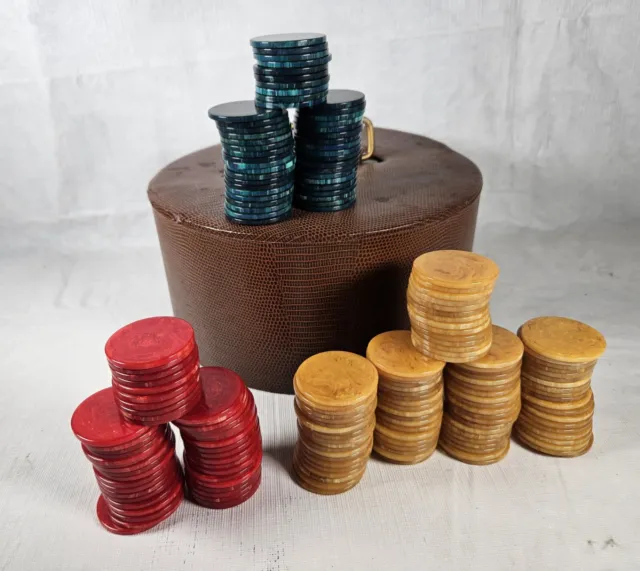 Vintage Deco Bakelite 190 Catalin Poker  Chips Red, Green & Butterscotch Caddy