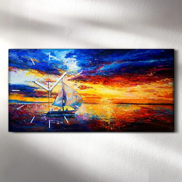 HORLOGE MURALE SUR toile 30x60 Huile Peinture Océan Mer Bateau Image