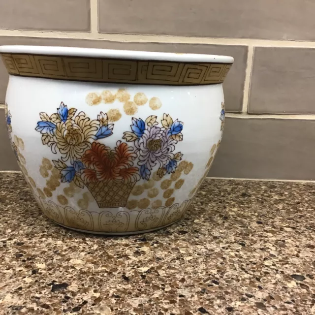 Vintage Chinese Porcelain Fish Bowl Lucky Dragon Pottery Floral Planter