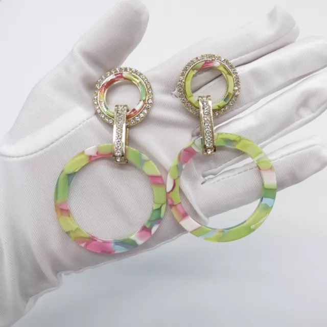 Green Pink Pastel Acetate Hoop Dangle Earrings 3" Lightweight Fashion Jewelry