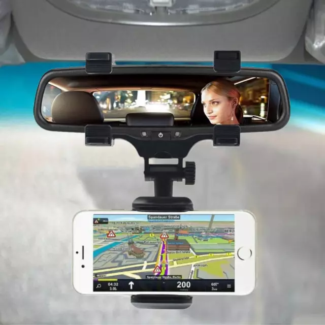 Universal 360° Clip On Rear View Mirror Mobile Cell Phone Holder Car Mount Stand