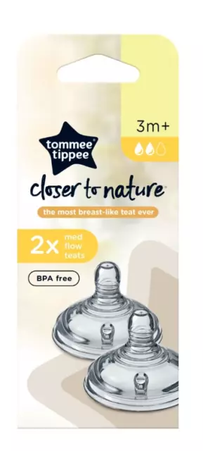 Tommee Tippee Closer to Nature Medium Flow Teats 2 Pack Smooth Transition 3m+