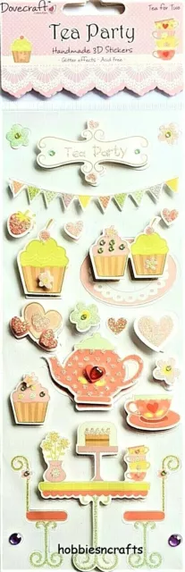 TEA FOR TWO Dovecraft 3-D Glitter Stickers - Cakes Sweet Treats Hearts Flowers