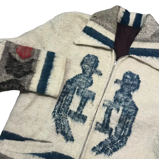 Vintage 60s 70s Navajo Wool Fringed Southwestern Birds Jacket Full Zip Large