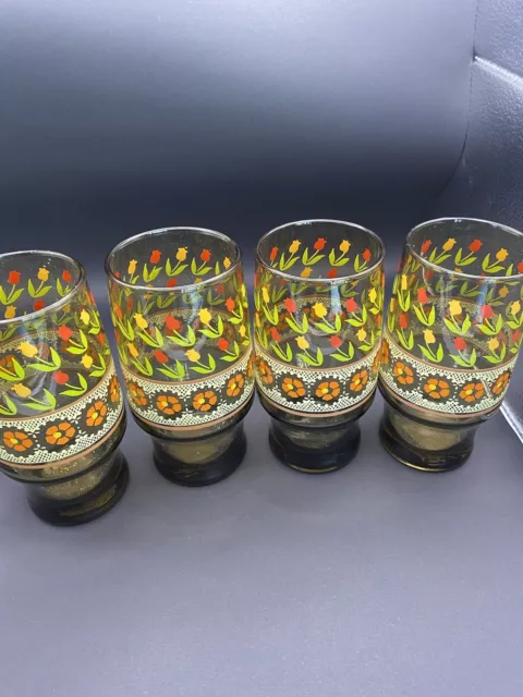 4 Vintage MCM Mod Amber Drinking Libbey Juice Glasses Floral Tulips Footed Retro