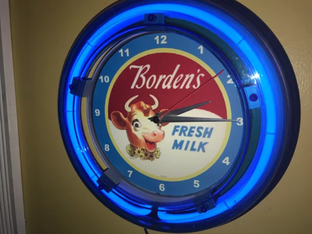 Borden's Fresh Milk Elsie Cow Dairy Store Man Cave Neon Wall Clock Sign