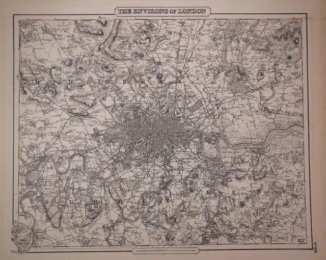 Original 1855 Colton Atlas Map ~ ENVIRONS of LONDON, ENGLAND ~ (14x17) -#1292